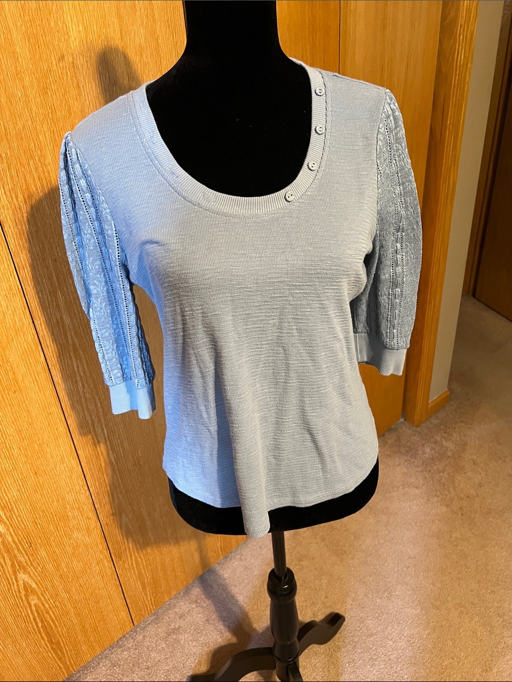 Frye & Co. net top with three-quarter puffy sleeves size medium. Blue, good cond
